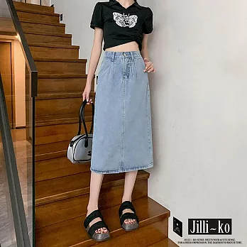 【Jilli~ko】後開衩半鬆緊高腰牛仔半身裙 L-XL J10732 M 藍色