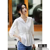 【Jilli~ko】V領氣質設計感收腰寬鬆中袖襯衫 J10794  FREE 白色