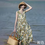 【初色】日系棉麻風中大碼寬鬆襯衫領短袖連身裙中長裙洋裝-共11款任選-67993(M-2XL可選) XL B.花色