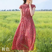 【初色】日系棉麻風中大碼寬鬆襯衫領短袖連身裙中長裙洋裝-共11款任選-67993(M-2XL可選) XL D.紅色