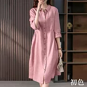 【初色】日系棉麻風中大碼寬鬆襯衫領短袖連身裙中長裙洋裝-共11款任選-67993(M-2XL可選) XL J.粉色