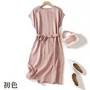 【初色】日系棉麻風中大碼寬鬆襯衫領短袖連身裙中長裙洋裝-共11款任選-67993(M-2XL可選) M K.粉色