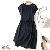 【初色】日系棉麻風中大碼寬鬆襯衫領短袖連身裙中長裙洋裝-共11款任選-67993(M-2XL可選) XL K.黑色