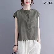 【AMIEE】復古圓領排扣無袖襯衫(4色/M-2XL/KDTY-3467) L 橄欖綠