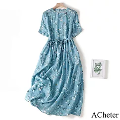 【ACheter】 大碼連身裙圓領短袖薄款復古棉麻藍碎花系帶長版洋裝# 117736 2XL 藍色