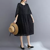 【ACheter】 文藝大碼圓領寬鬆簡約剪花七分袖連身裙中長版洋裝# 117920 M 黑色