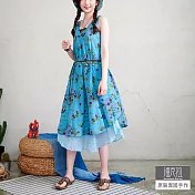 【潘克拉】印花手染純棉雙層背心連衣裙 TM1254  FREE 藍色