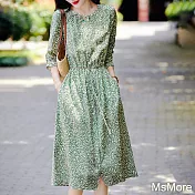 【MsMore】 意式大牌圓領清爽收腰系連身七分袖長裙洋裝# 117620 2XL 綠色