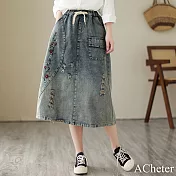 【ACheter】 文藝復古牛仔半身裙刺繡寬鬆鬆緊高腰刷破系帶長裙# 117664 M 藍色