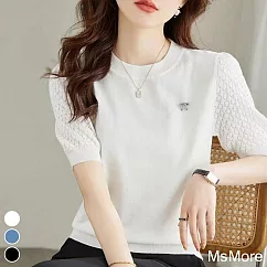 【MsMore】 寬鬆薄款針織衫透氣減齡短袖圓領短版上衣# 117707 FREE 白色