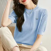 【MsMore】 寬鬆薄款針織衫透氣減齡短袖圓領短版上衣# 117707 FREE 藍色