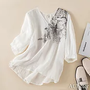 【ACheter】 寬鬆顯瘦V領蘆麻文藝純色印花棉麻寬鬆短版五分短袖上衣# 117601 XL 白色