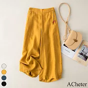【ACheter】 棉麻寬鬆復古闊腿褲鬆緊高腰垂感休閒長褲# 117768 L 黃色