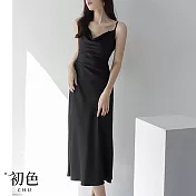 【初色】細肩吊帶緞面質感休閒無袖背心裙連身裙洋裝-共5色-68528(M/L可選) M 黑色