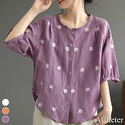 【ACheter】 文藝復古花朵圓領五分短袖印花襯衫寬鬆顯瘦棉麻短版上衣# 117734 L 紫色