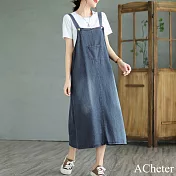 【ACheter】 復古風水洗做舊棉牛仔背帶裙減齡款開叉吊帶中長裙無袖洋裝# 118139 L 牛仔藍色