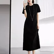 【MsMore】 巴黎夜曲連身裙短袖優雅簡約圓領純色長版洋裝# 118117 2XL 黑色