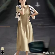 【MsMore】 巴黎夜曲連身裙短袖優雅簡約圓領純色長版洋裝# 118117 L 卡其色