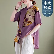 【慢。生活】復古文藝棉麻印花寬鬆襯衫 8628  FREE 紫色
