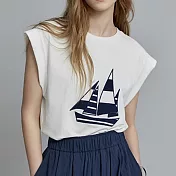 【MsMore】 海軍風印花T恤針織冰絲圓領寬鬆顯瘦短版上衣# 118200 FREE 白色