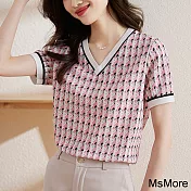 【MsMore】 印花短袖V領寬鬆顯瘦舒適百搭T恤短版上衣# 118153 2XL 粉紅色