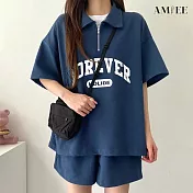 【AMIEE】字母拉鍊休閒運動套裝(3色/M-3XL/KDA-156) 2XL 藍色