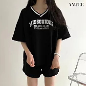 【AMIEE】V領球衣風休閒運動套裝(2色/M-3XL/KDA-336) 3XL 黑色