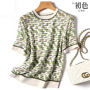 【初色】休閒圓領拼接印花短袖寬鬆T恤上衣-綠色-68584(M-2XL可選) 2XL 綠色
