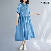 【AMIEE】立領打摺寬鬆牛仔襯衫洋裝(2色/L-XL/KDDY-9142) XL 淺藍色