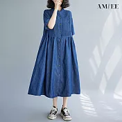 【AMIEE】立領打摺寬鬆牛仔襯衫洋裝(2色/L-XL/KDDY-9142) XL 深藍色