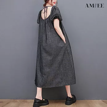 【AMIEE】優雅挖洞造型泡泡袖牛仔洋裝(3色/M-2XL/KDDY-8388) M 黑灰色