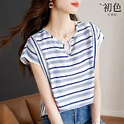 【初色】撞色條紋拼接寬鬆雪紡衫半開領短袖T恤上衣-藍色-68491(M-XL可選) XL 藍色