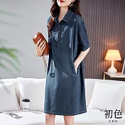 【初色】素色短袖大碼開衫收腰顯瘦牛仔連衣裙洋裝-藍色-68565(M-2XL可選) M 藍色