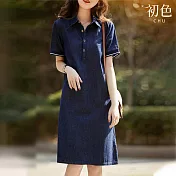 【初色】百搭牛仔翻領短袖中長裙連身裙洋裝-藍色-68564(M-XL可選) M 藍色