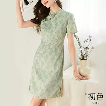 【初色】珍珠盤扣緹花中式旗袍膝上裙連身裙洋裝-綠色-68598(M-2XL可選) M 綠色