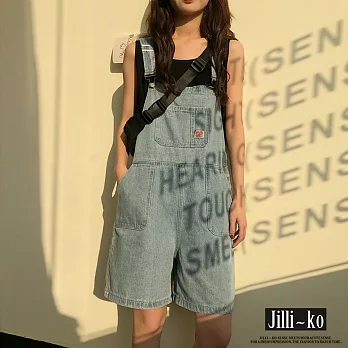 【Jilli~ko】韓版牛仔闊腿五分吊帶短褲 J10818  FREE 淺藍色