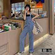 【Jilli~ko】韓版牛仔口袋闊腿拖地可調吊帶褲 J10817  FREE 淺藍色