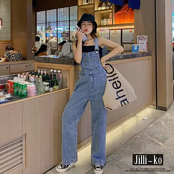 【Jilli~ko】韓版牛仔口袋闊腿拖地可調吊帶褲 J10817  FREE 淺藍色