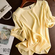 【初色】圓領T恤薄款蕾絲短袖套衫上衣-共2色-68504(M-2XL可選) M 黃色