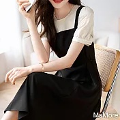 【MsMore】 緹花假兩件連身裙百搭小清新減齡顯瘦長版洋裝# 118233 2XL 黑色