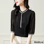 【MsMore】 歐洲復古黑色圓立領刺繡絲質五分袖氣質短版上衣# 118259 M 黑色