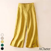 【ACheter】 垂感闊腿褲高腰寬鬆顯瘦棉麻感休閒九分直筒女褲# 118283 XL 黃色