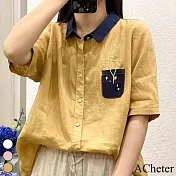 【ACheter】 刺繡翻領襯衫短袖棉麻感薄中長版寬鬆上衣# 118303 L 黃色