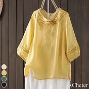 【ACheter】 復古麻感文藝手工刺繡圓領七分袖氣質薄款寬鬆中長上衣# 118308 2XL 黃色
