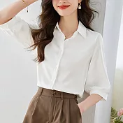 【MsMore】 法式高級感襯衫緞面純色職業時尚短版短袖上衣# 118182 L 白色