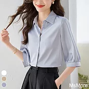 【MsMore】 法式高級感襯衫緞面純色職業時尚短版短袖上衣# 118182 3XL 灰色