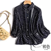 【初色】時尚復古印花收腰顯瘦七分袖翻領排扣襯衫上衣-藍色-68499(M-2XL可選) XL 藍色