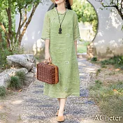 【ACheter】 大碼時尚綠意印花國風斜襟立領苧麻感連身裙改良旗袍寬鬆洋裝# 118286 M 綠色