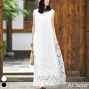 【ACheter】 無袖顯瘦優雅蕾絲連身裙氣質一字領復古文藝背心長版洋裝# 118363 M 白色