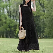 【ACheter】 無袖顯瘦優雅蕾絲連身裙氣質一字領復古文藝背心長版洋裝# 118363 M 黑色